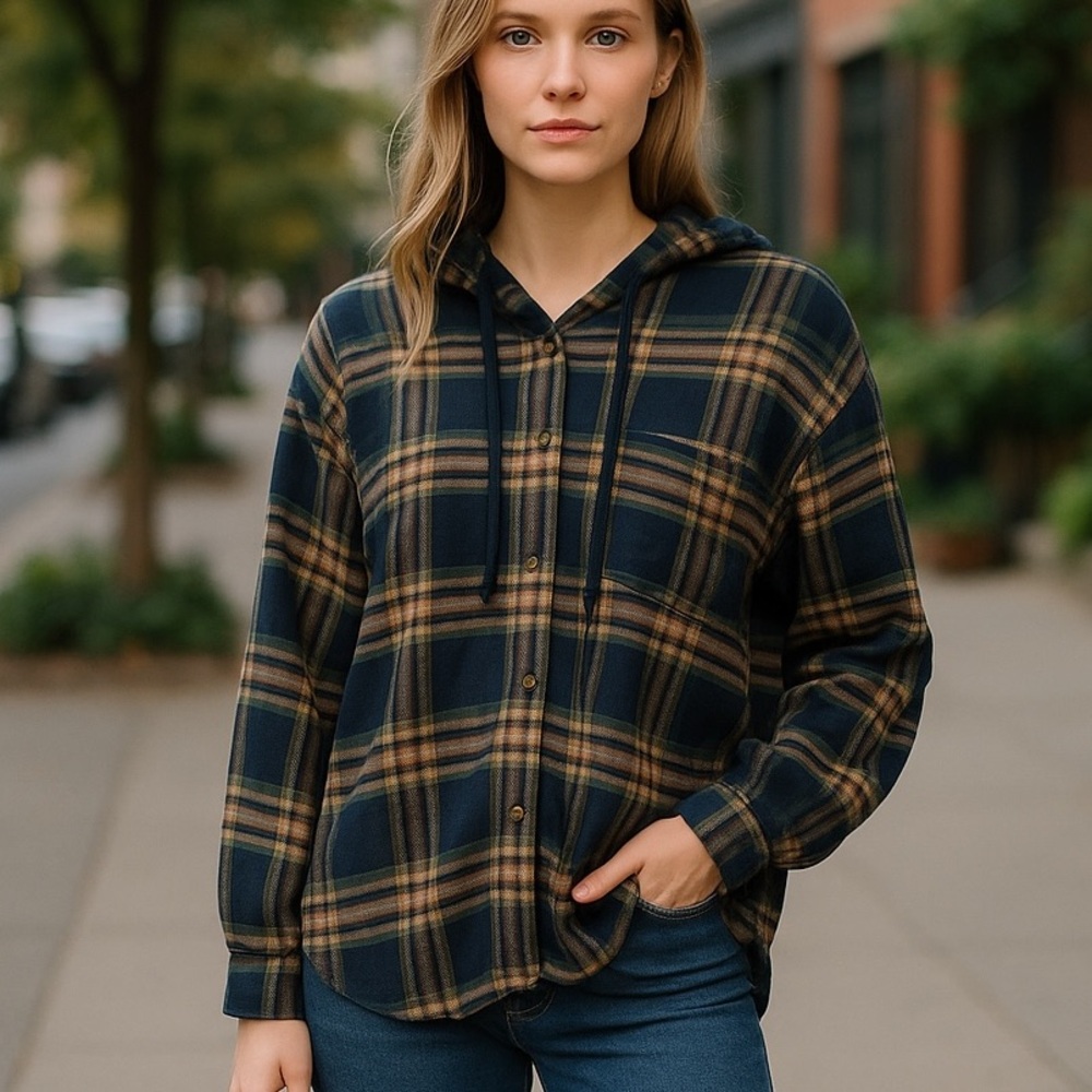 American Eagle Womens Blue Plaid Hooded Button Up Long Sleeve Oversized Top M‎